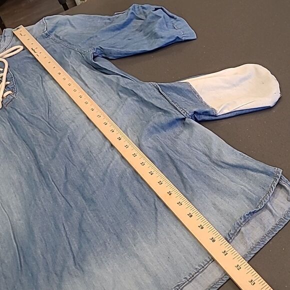 Twelve Blue Bamboo/Cotton Blend Quarter Sleeve Tie Front Mini Dress - Picture 4 of 11